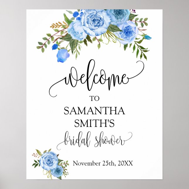 Poster Panneau de mariage floral bleu pour fête de mariag (Devant)