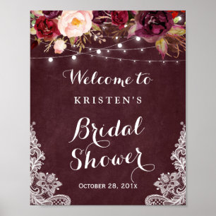 Poster Panneau de mariage floral bordeaux avec guirlandes