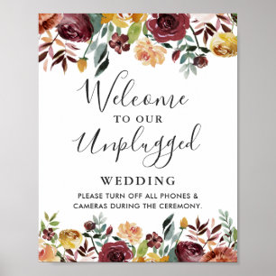 Poster Panneau de mariage floral Bourgogne sans téléphone