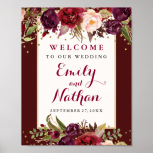 Poster Panneau de mariage floral confetti or Bourgogne