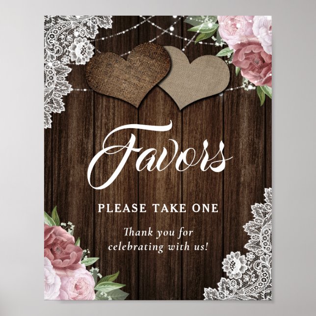 Poster Panneau de mariage floral rose pâle rustique (Devant)
