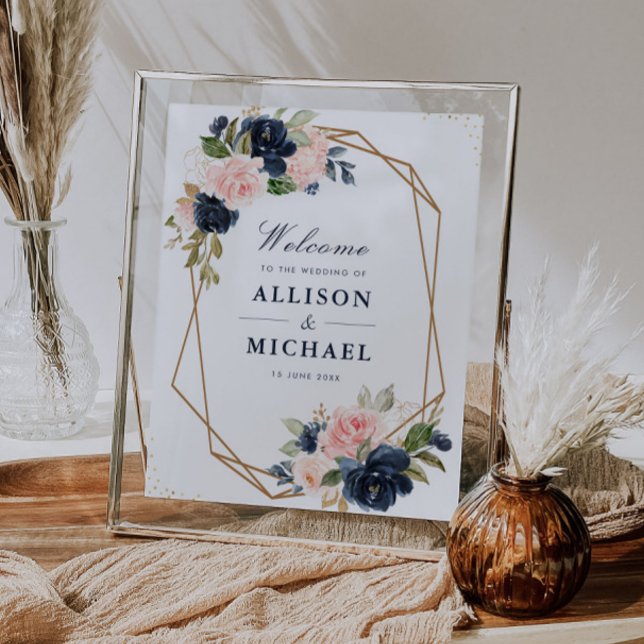 Poster Panneau de mariage géométrique floral Marine & blu (Créateur téléchargé)
