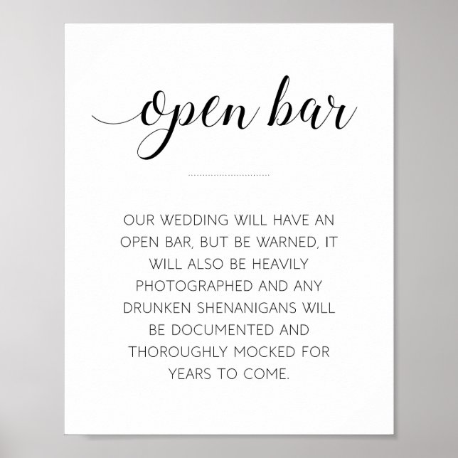 Poster Panneau de mariage humoristique Open Bar (Devant)