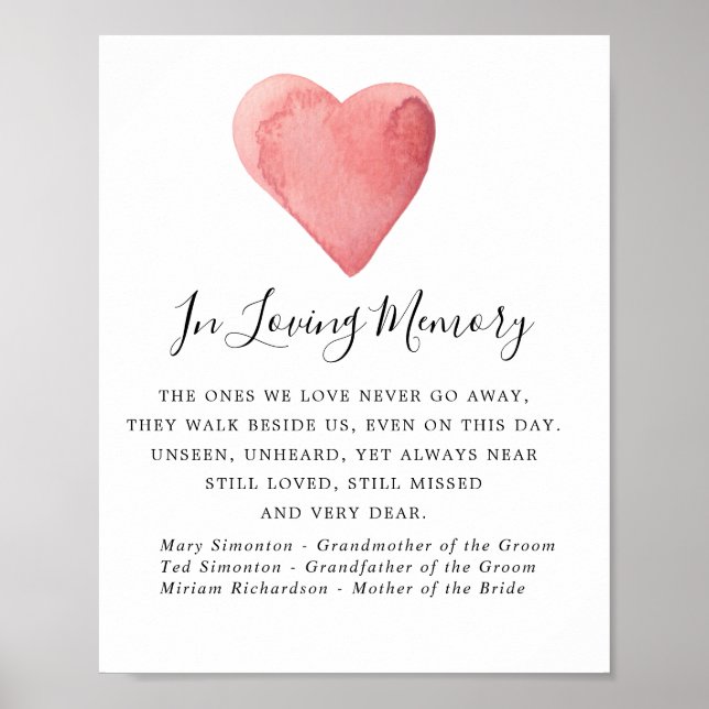 Poster Panneau de mariage mémorial à cœur aquarelle rouge (Devant)