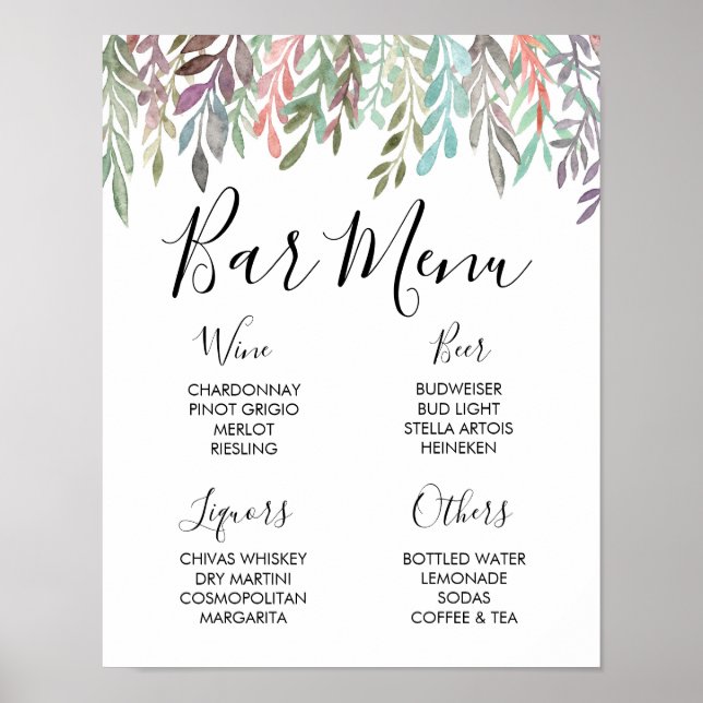 Poster Panneau de mariage – Menu du bar Panneau de verdur (Devant)