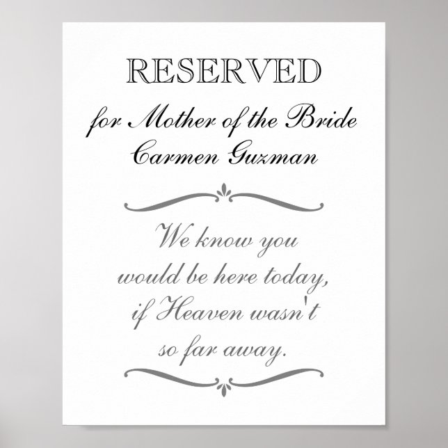 Poster Panneau de mariage réservé à la mémoire de la mère (Devant)