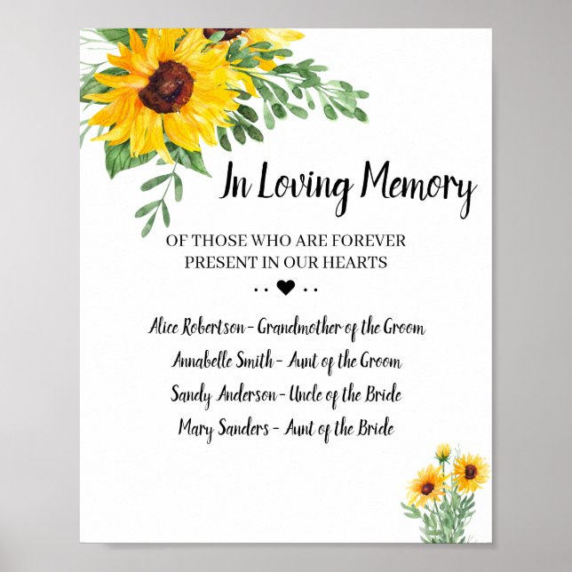 Poster Panneau de mariage Tournesols Verdure En Mémoire A (Devant)