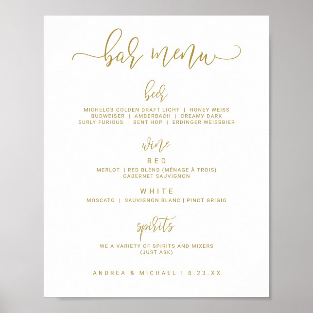 Poster Panneau de menu de bar de mariage - Bounce Script  (Devant)