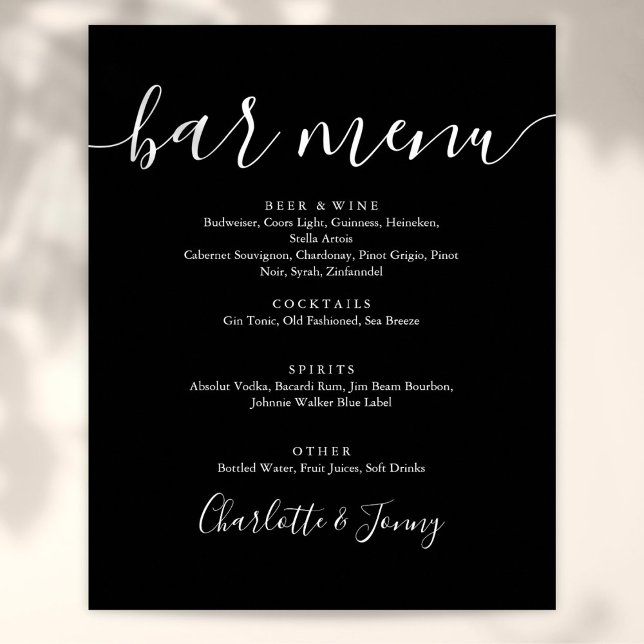 Poster Panneau de menu de bar de script noir et blanc Sig (Black And White Signature Script Bar Menu Sign)