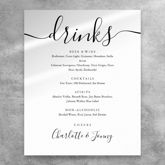 Poster Panneau de menu de boissons à signature de script  (Black And White Signature Script Drinks Menu Sign)