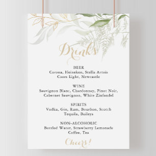 Poster Panneau de menu de boissons de mariage à feuillage