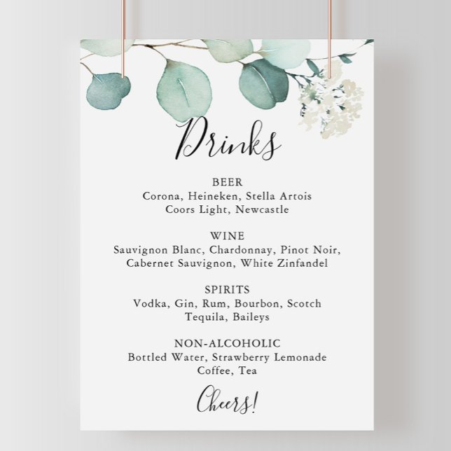 Poster Panneau de menu de boissons de mariage à l'eucalyp (Créateur téléchargé)