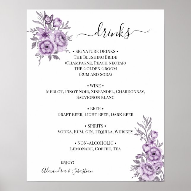 Poster Panneau de menu de boissons de mariage à l'orchidé (Devant)