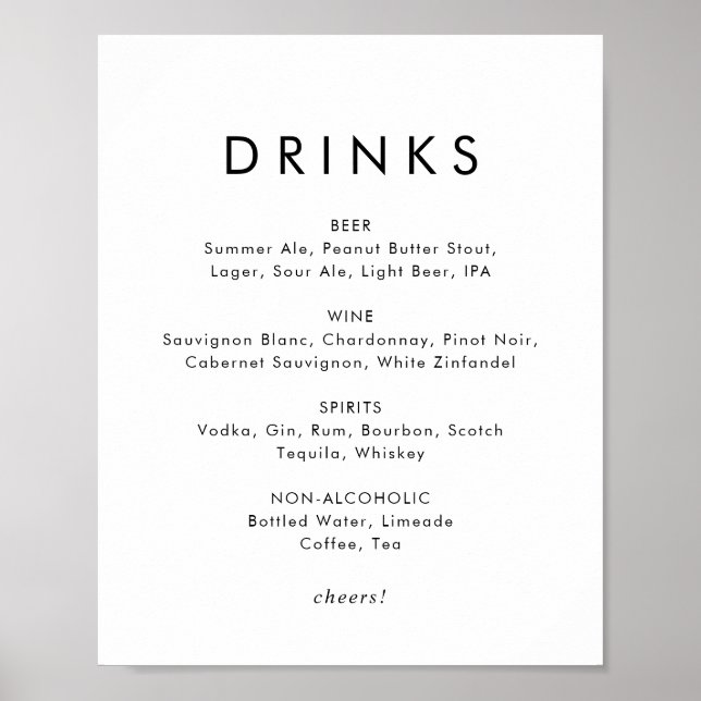Poster Panneau de menu de boissons de mariage à typograph (Devant)