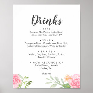 Poster Panneau de menu de boissons de mariage aux pivoine