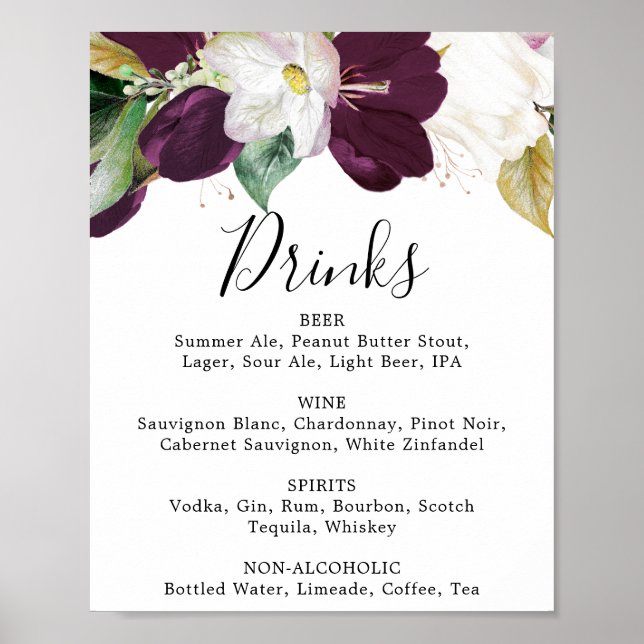 Poster Panneau de menu de boissons de mariage Fleurs viol (Devant)