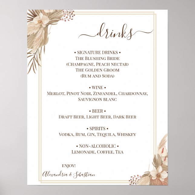 Poster Panneau de menu de boissons de mariage floral (Devant)