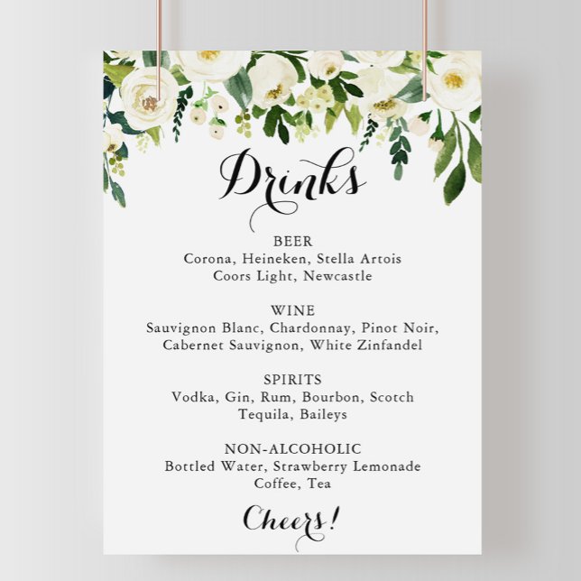 Poster Panneau de menu de boissons de mariage floral blan (Créateur téléchargé)