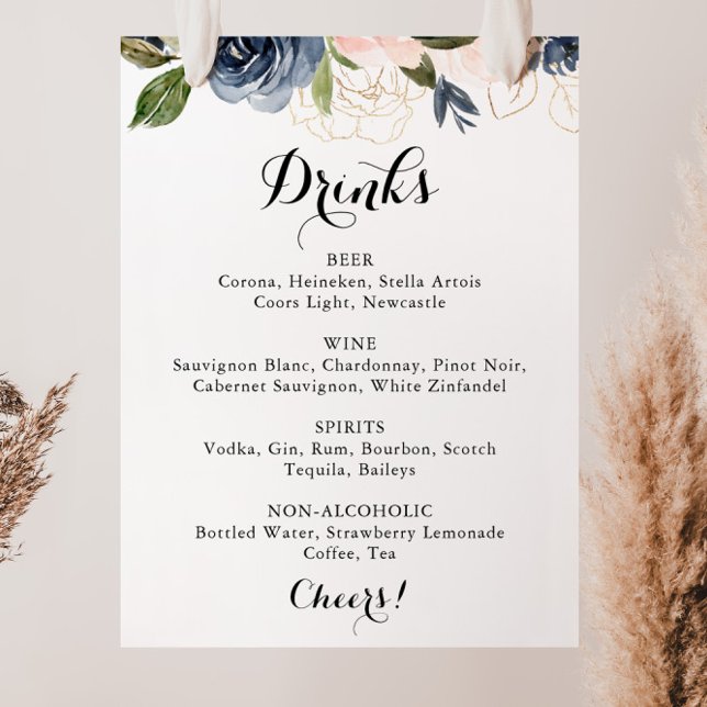 Poster Panneau de menu de boissons de mariage floral élég (Créateur téléchargé)