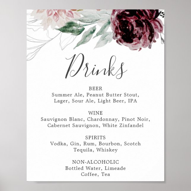 Poster Panneau de menu de boissons de mariage Floral Roma (Devant)