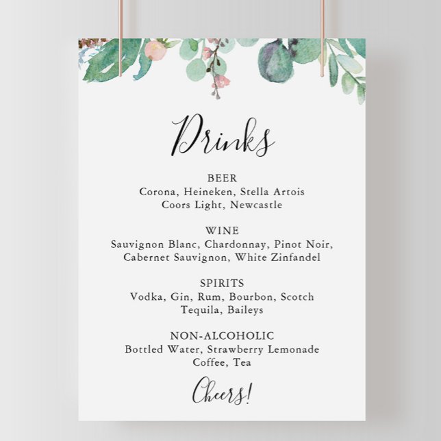 Poster Panneau de menu de boissons de mariage floral trop (Créateur téléchargé)