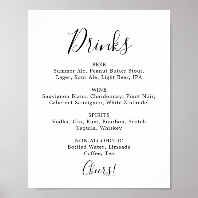 Poster Panneau de menu de boissons de mariage minimaliste (Devant)
