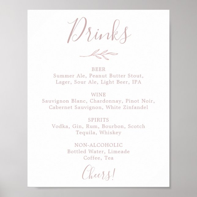 Poster Panneau de menu de boissons de mariage rose pâle à (Devant)
