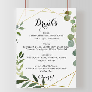 Poster Panneau de menu de boissons de mariage tropical or