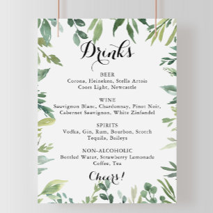 Poster Panneau de menu de boissons de mariage vert tropic