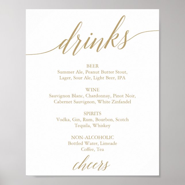 Poster Panneau de menu de boissons en calligraphie dorée  (Devant)