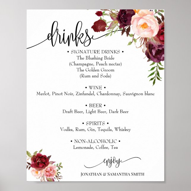 Poster Panneau de menu de boissons mariage marsala floral (Devant)