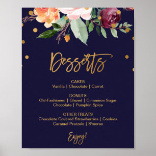 Poster Panneau de menu de dessert de mariage floral d'aut