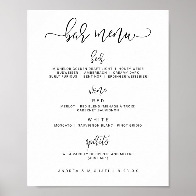 Poster Panneau de menu de la barre mariage - Calligraphie (Devant)