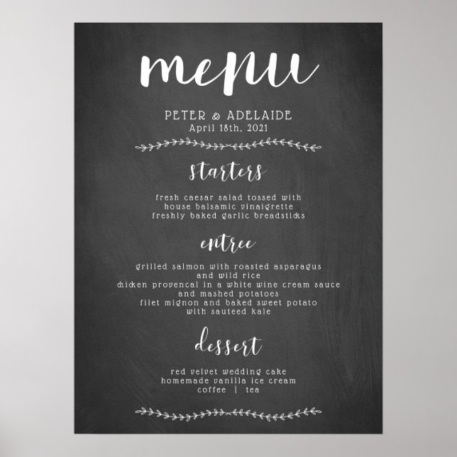 Poster Panneau de menu de mariage à craie rustique / Affi (Devant)