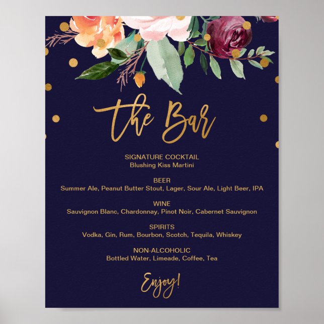 Poster Panneau de menu de mariage au bar floral d'automne (Devant)