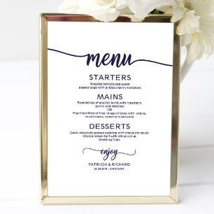 Poster Panneau de menu de mariage chic bleu marine callig