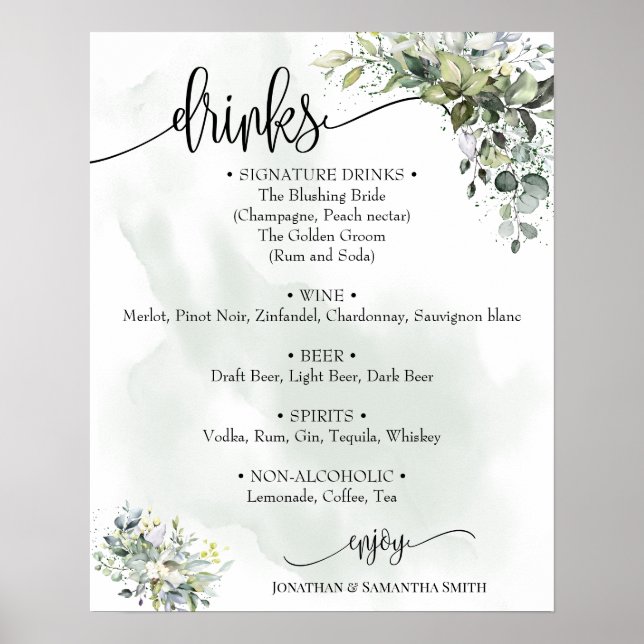 Poster Panneau de menu des boissons mariage eucalyptus su (Devant)