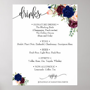 Poster Panneau de menu des boissons mariage marine floral