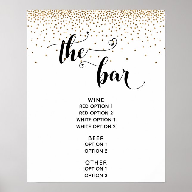 Poster Panneau de menu « The Bar » Heart Script & confett (Devant)