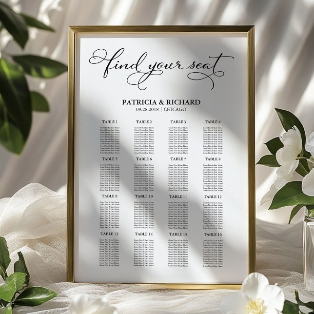 Poster Panneau de Plan de Table de Mariage Écriture Éléga (Créateur téléchargé)