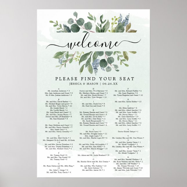 Poster Panneau de plan de table de mariage Eucalyptus ble (Devant)
