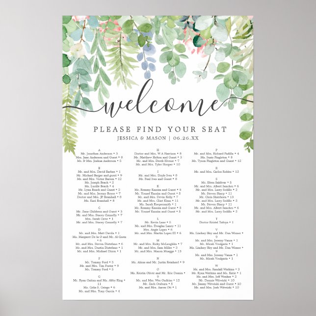 Poster Panneau de plan de table de mariage Soft Greenery (Devant)