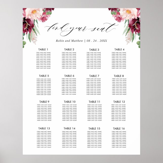 Poster Panneau de plan de table de réception de mariage e (Devant)