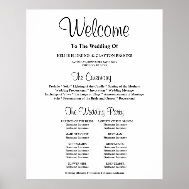 Poster Panneau de programme de cérémonie de mariage simpl (Devant)