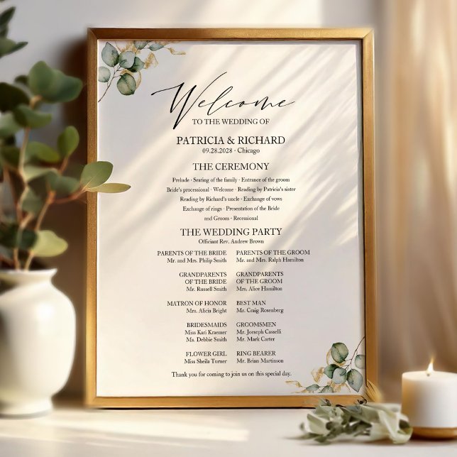 Poster Panneau de programme de mariage à feuillage doré é (Créateur téléchargé)