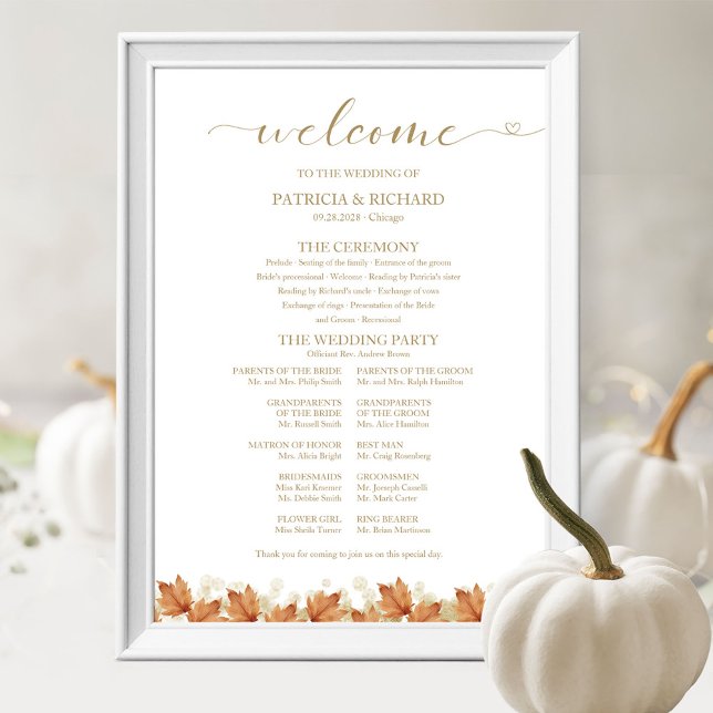 Poster Panneau de Programme de Mariage Élégant Automne Bl (Créateur téléchargé)