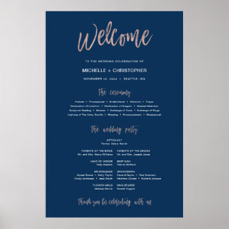 Poster Panneau de programme de mariage Navy Blue & Rose G