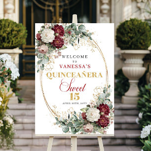 Poster Panneau de Quinceanera Floral Bourguignon Tendance