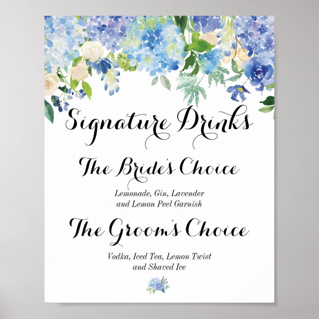 Poster Panneau de signature Blue Floral Hydrangea Boisson (Devant)