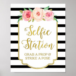 Poster Panneau de station de selfie Fleurs roses rayures 